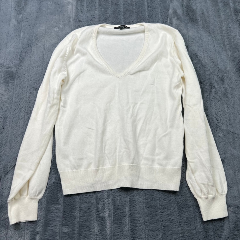 Banana Republic Womens Ivory V-Neck Puff Sleeve Knit Sweater Small White 14091